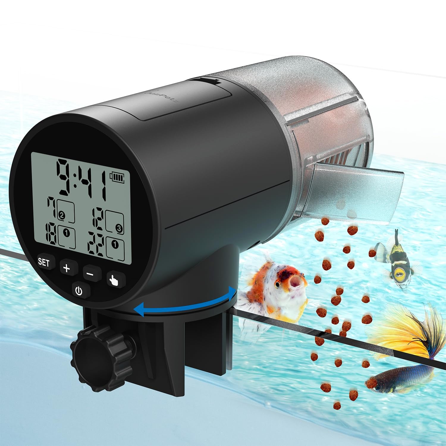 JuzPetz automatic fish feeder front view showing compact design for reliable vacation feeding.