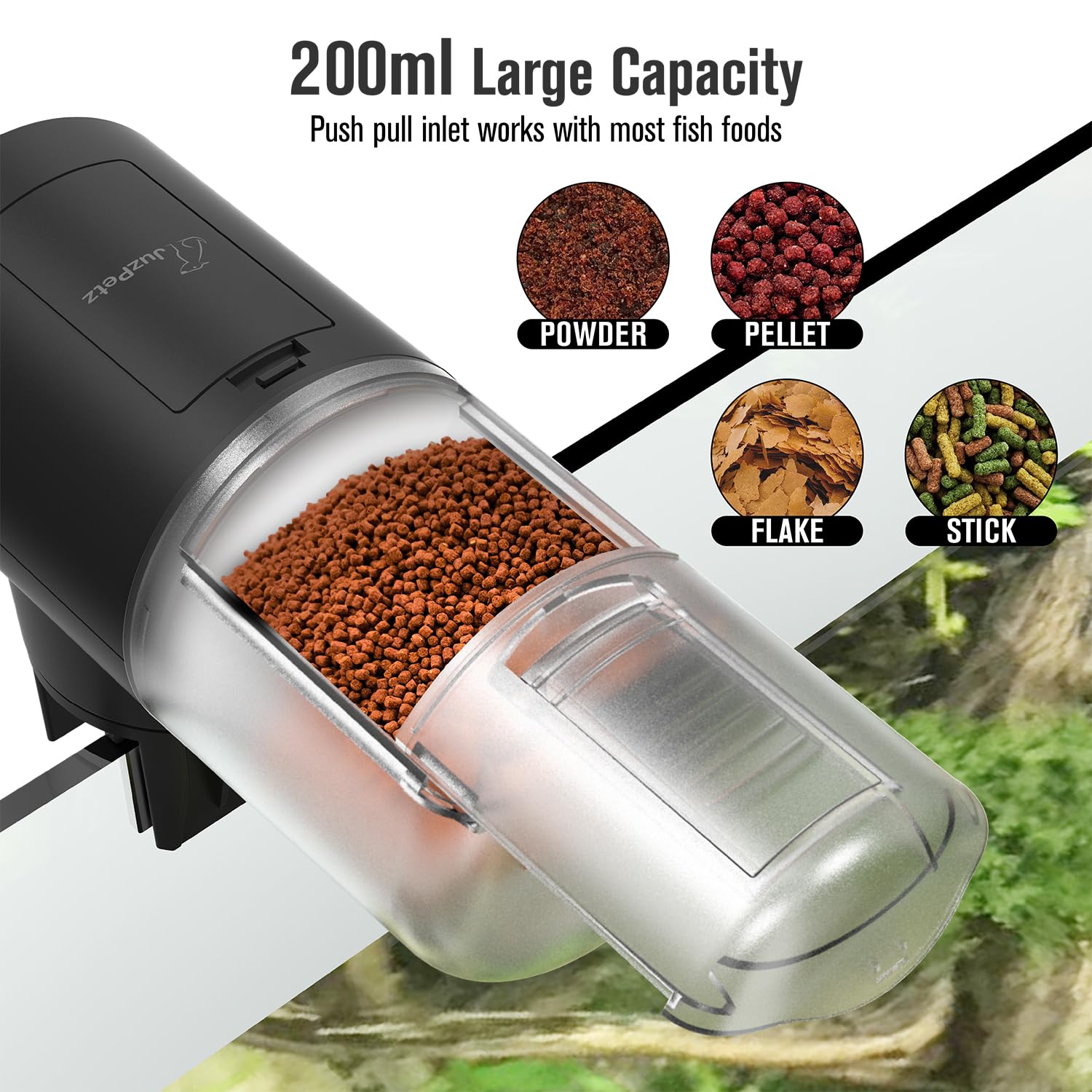 JuzPetz battery-powered feeder shown with included AAA batteries for cordless use.
