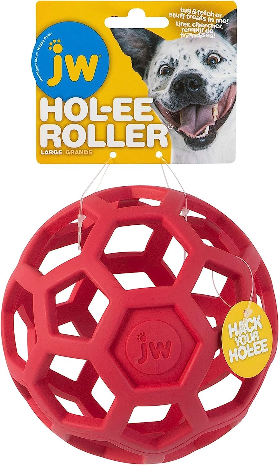 JW Pet HOL-Ee Roller with holes for treat-stuff play and tug.