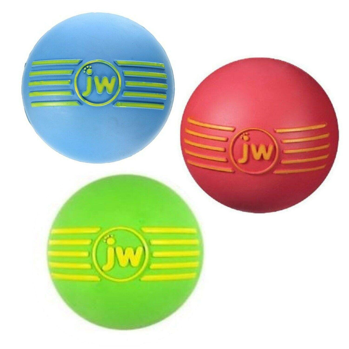 JW Pet iSqueak Ball Medium front view demonstrates durable rubber for interactive fetch