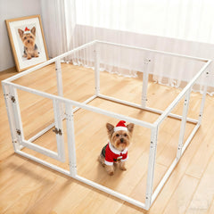 JWXQS clear acrylic dog playpen front view showing spacious 8-panel setup for indoor play