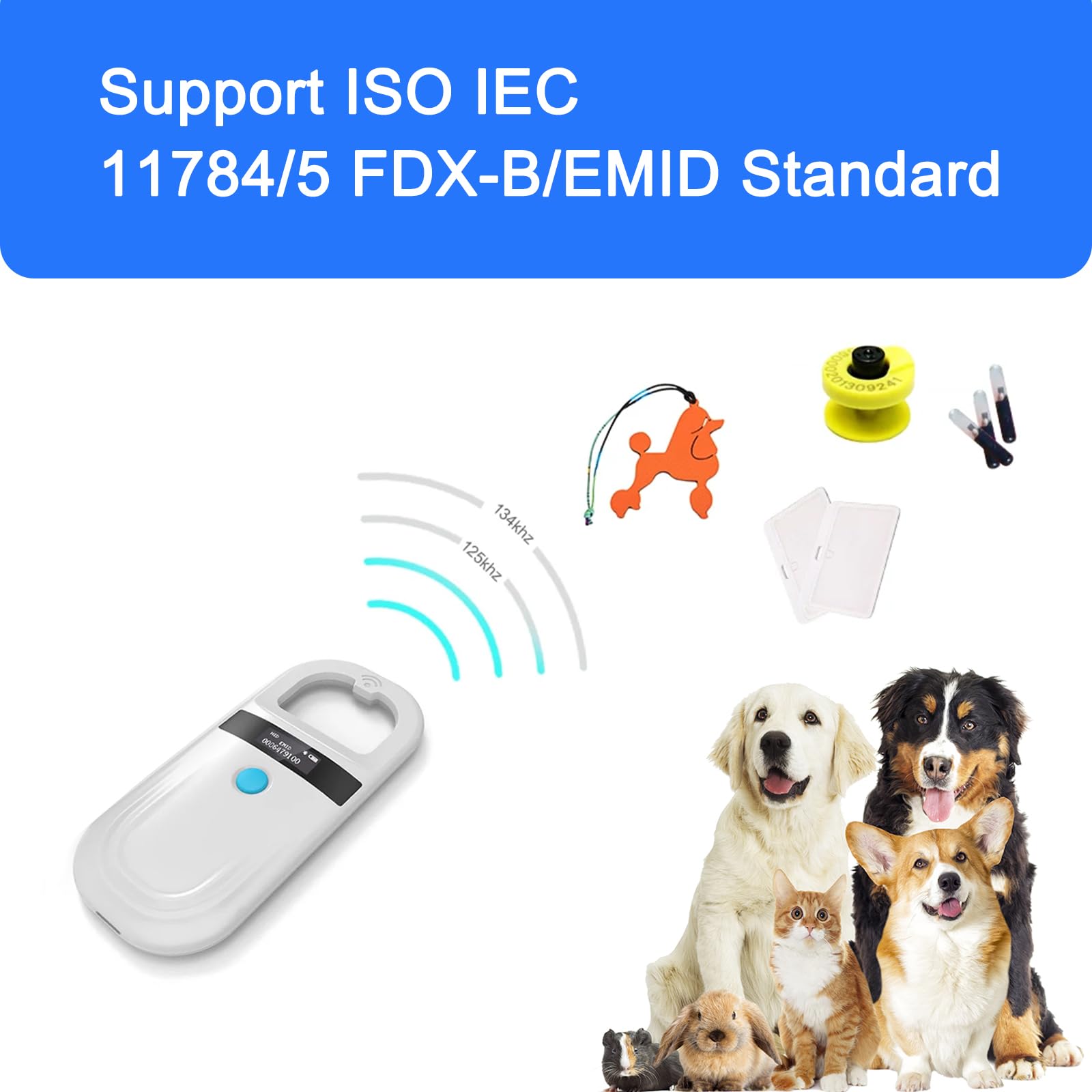JZLHGOFYTD pet microchip scanner side view highlights ergonomic handheld design for field use.