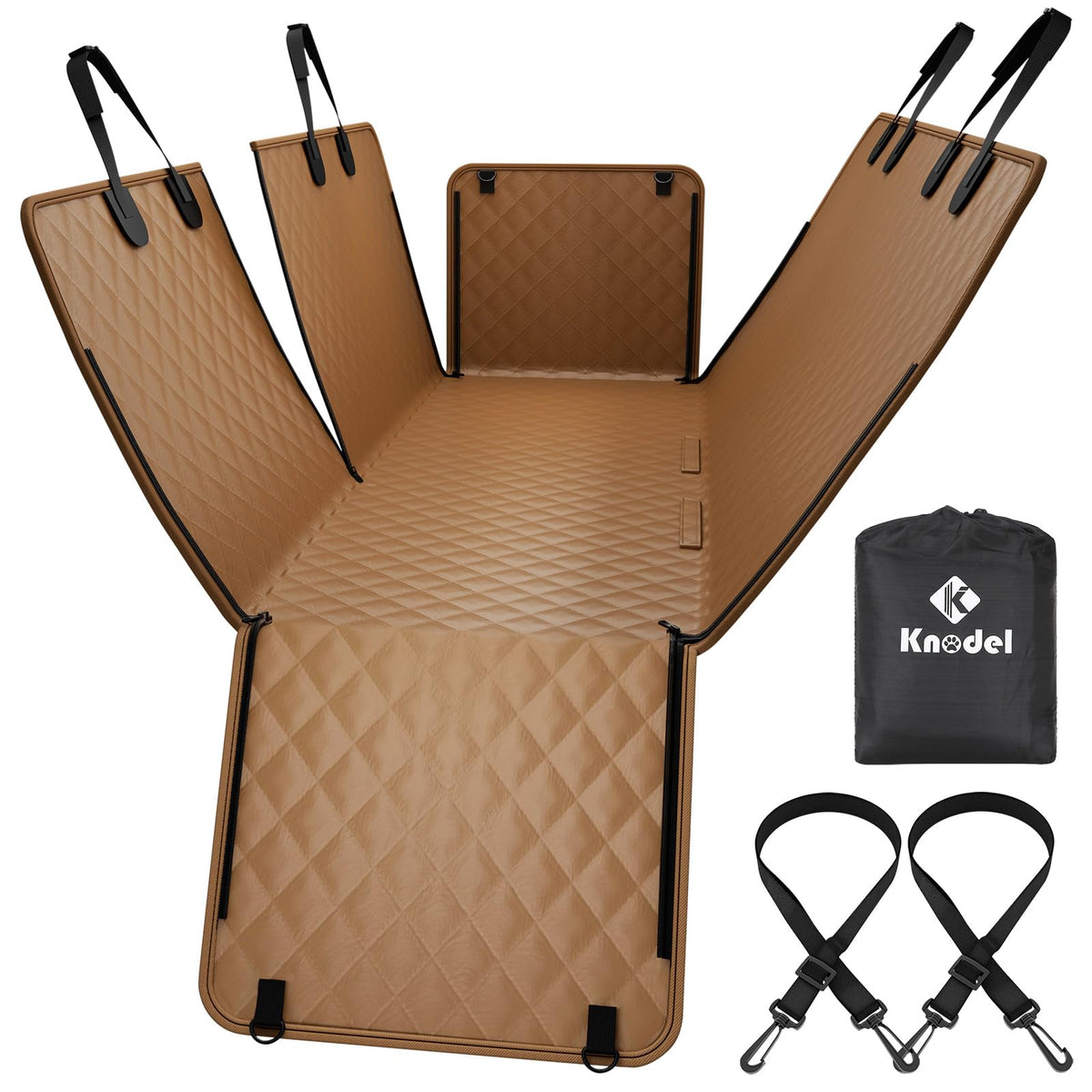 K KNODEL dog seat cover waterproof hammock protects brown upholstery and keeps messes at bay.