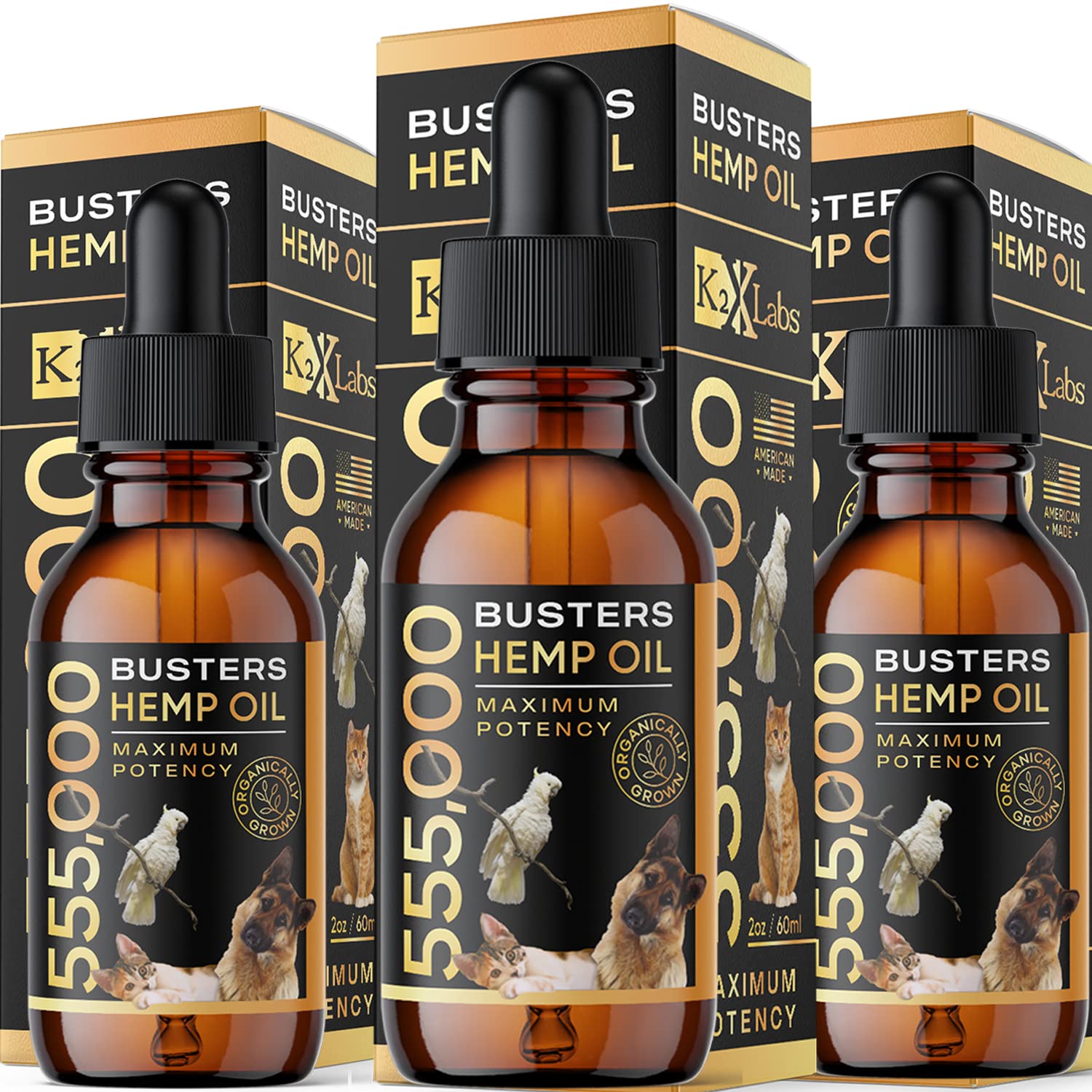K2xLabs Buster hemp oil for dogs 60ml bottle pour shows omega balance for joints