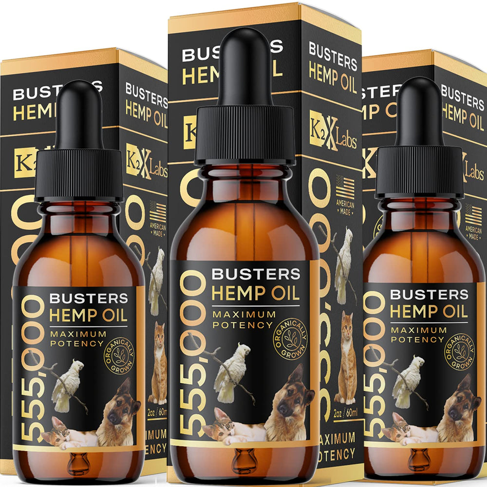 K2xLabs Buster hemp oil for dogs 60ml bottle pour shows omega balance for joints
