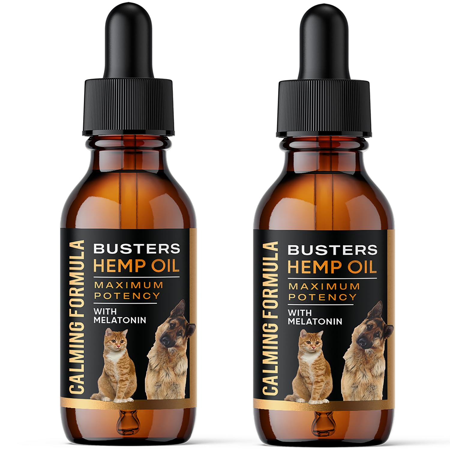 K2xLabs Busters 2Pack calm bottle closeup showing calming hemp oil for pets.