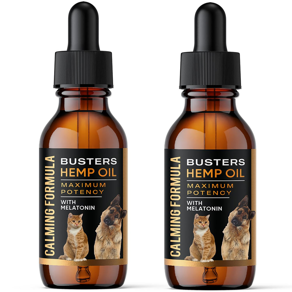 K2xLabs Busters 2Pack calm bottle closeup showing calming hemp oil for pets.