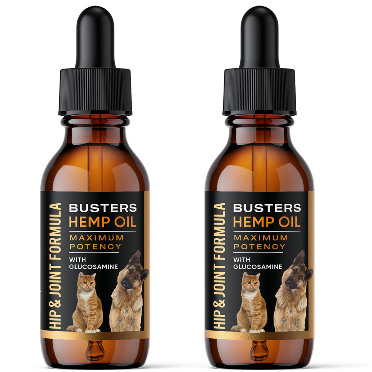 K2xLabs Buster's Hip & Joint Hemp Oil bottle supports mobility for dogs and cats.
