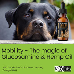 K2xLabs Buster's Hemp Oil label highlights glucosamine-enriched formula for joints.