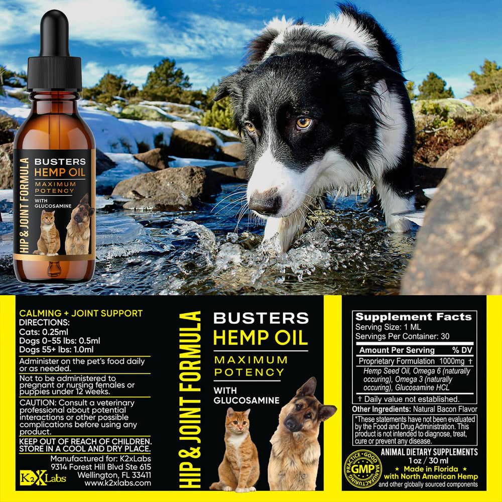K2xLabs Buster's Hemp Oil pour enables easy daily dosing for joint care.