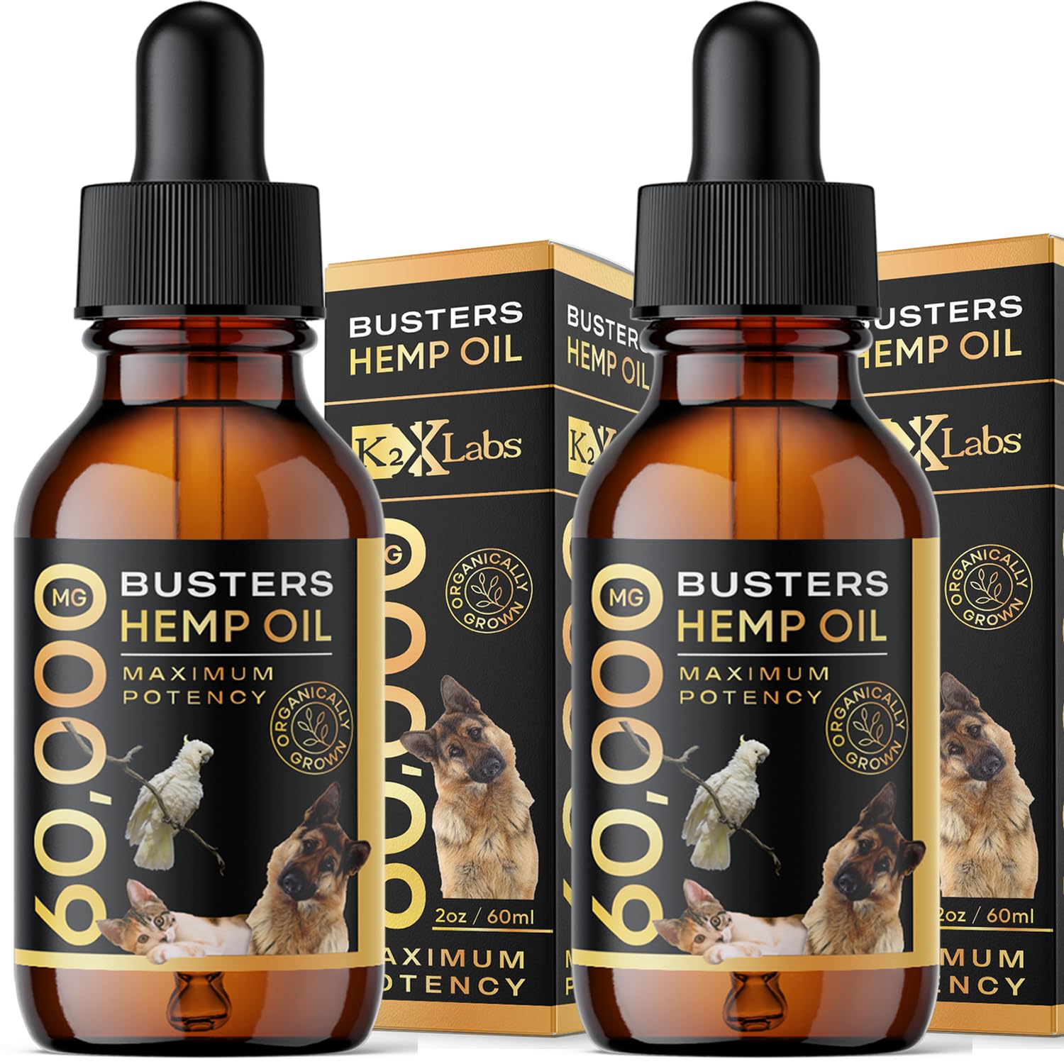 K2xLabs Buster's hemp oil 60ml bottle pour for pets, potential joint support.