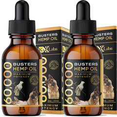 K2xLabs Buster's hemp oil 60ml bottle pour for pets, potential joint support.