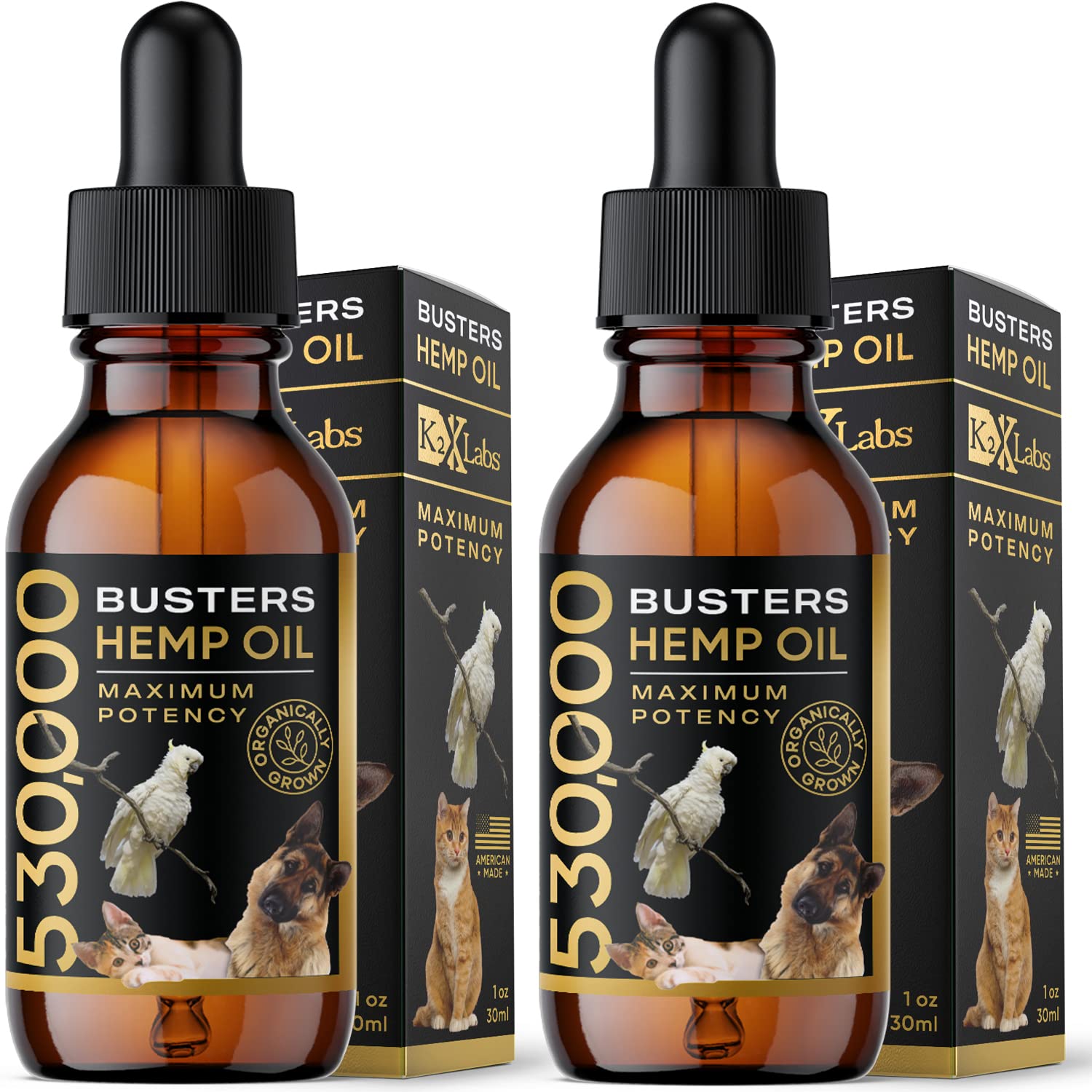 K2xLabs Busters hemp oil bottle pour for pets supporting joint health and mood