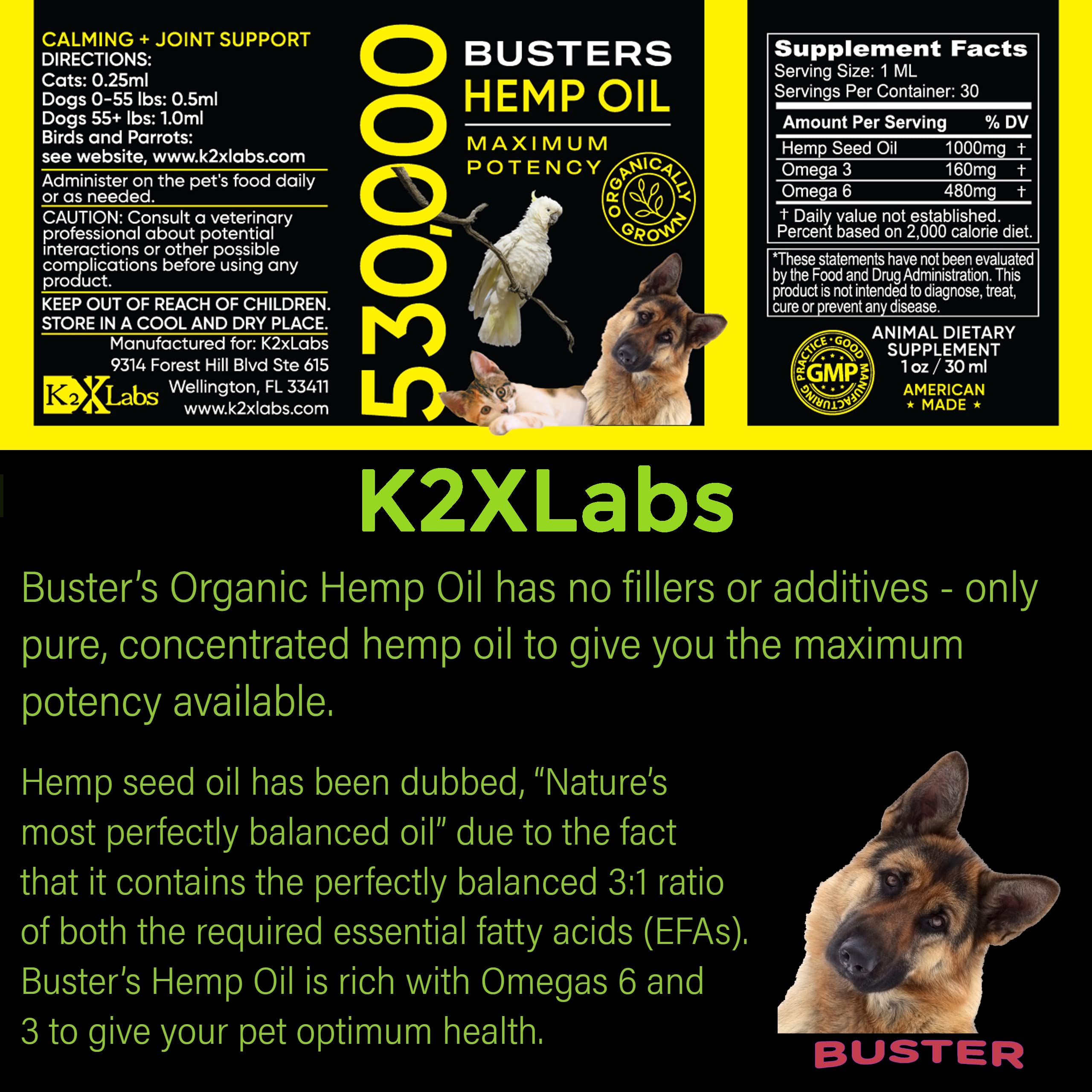 K2xLabs Busters hemp oil dog portrait shows daily use for energy