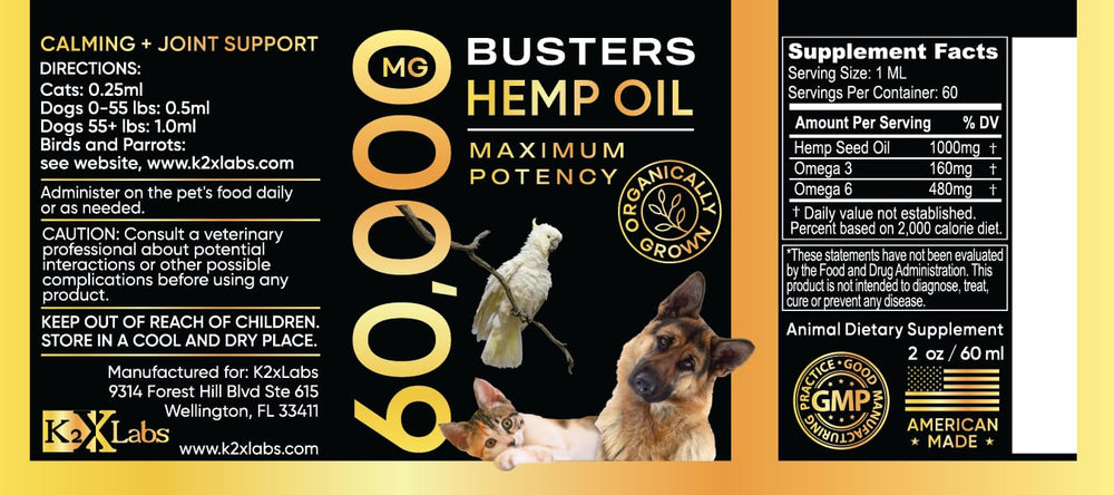 K2xLabs Buster's organic hemp oil USA-made label close-up emphasizing purity.