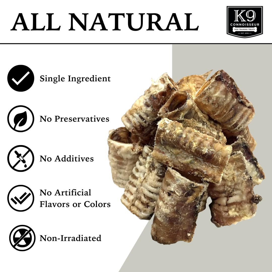 K9 Connoisseur trachea chews close-up highlights a single-ingredient beef chew with no artificial flavors.