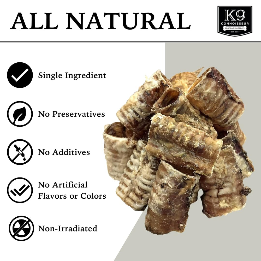 K9 Connoisseur trachea chews close-up highlights a single-ingredient beef chew with no artificial flavors.