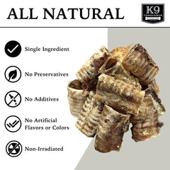 K9 Connoisseur trachea chews close-up highlights a single-ingredient beef chew with no artificial flavors.