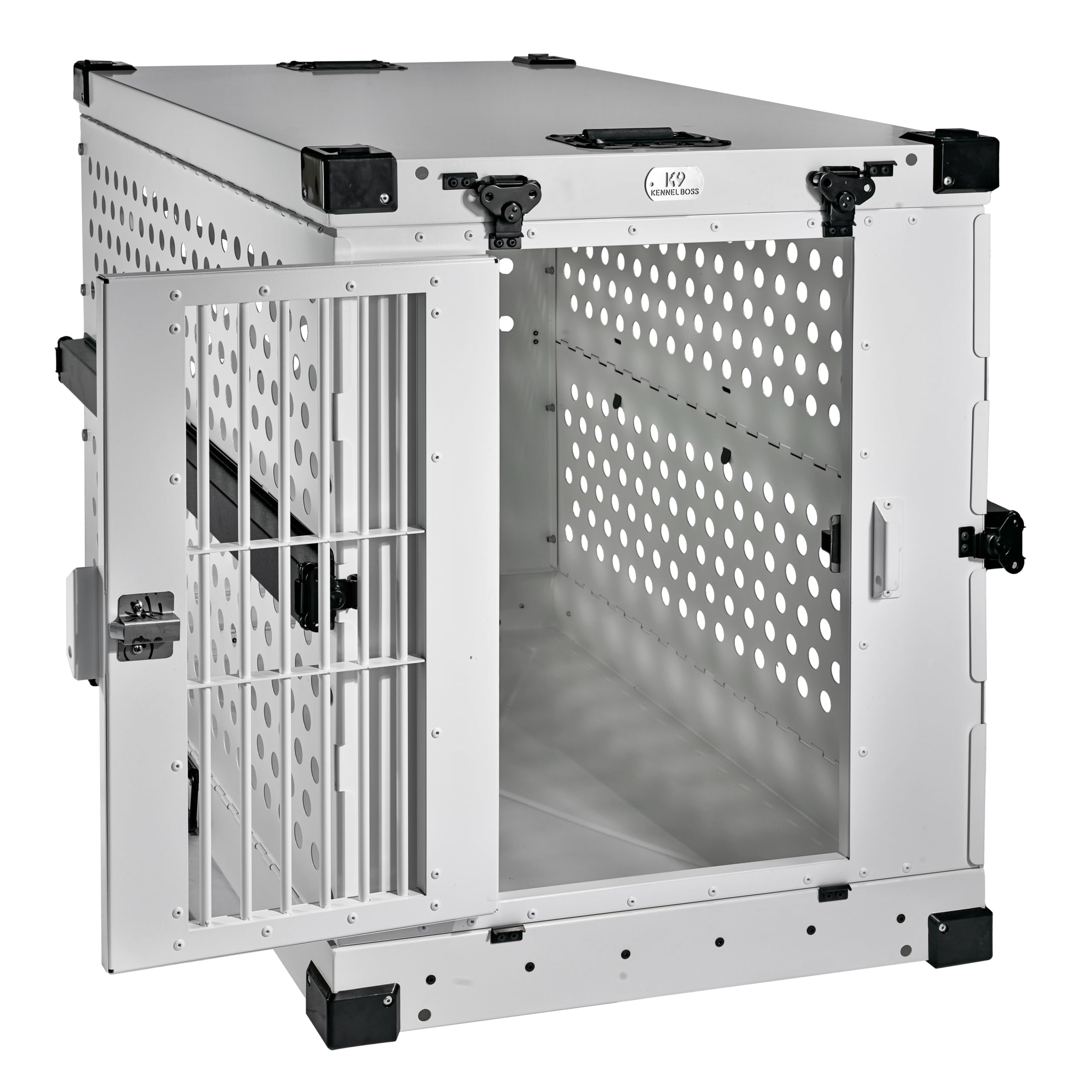 K9 Kennel Boss white aluminum crate side view emphasizing build and open space
