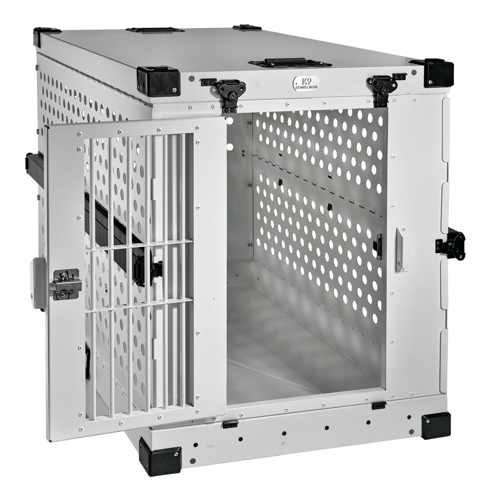 K9 Kennel Boss white aluminum crate side view emphasizing build and open space
