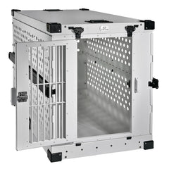 K9 Kennel Boss white aluminum crate side view emphasizing build and open space