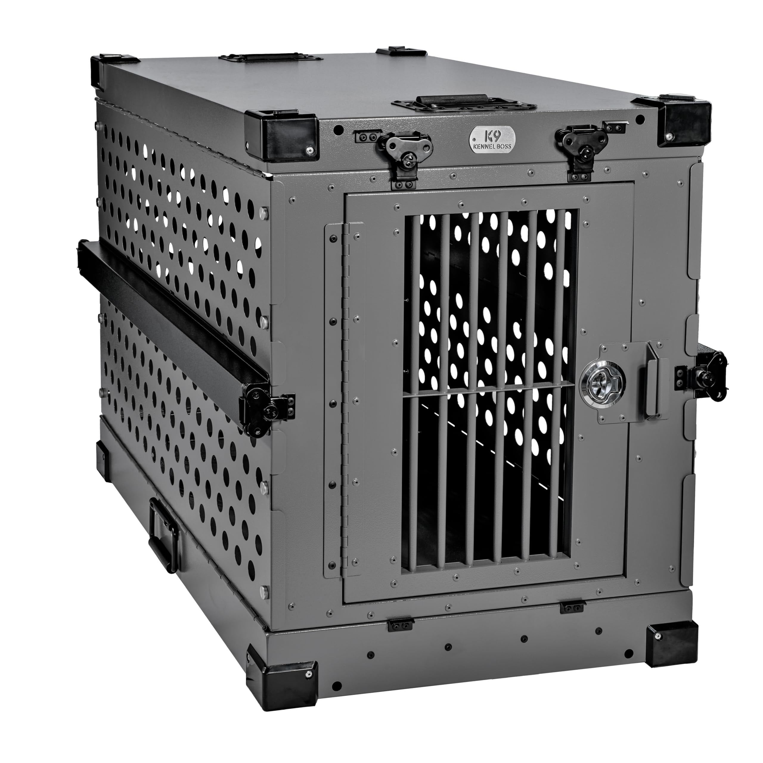 K9 Kennel Boss gray crate side view highlights collapsible design for travel convenience