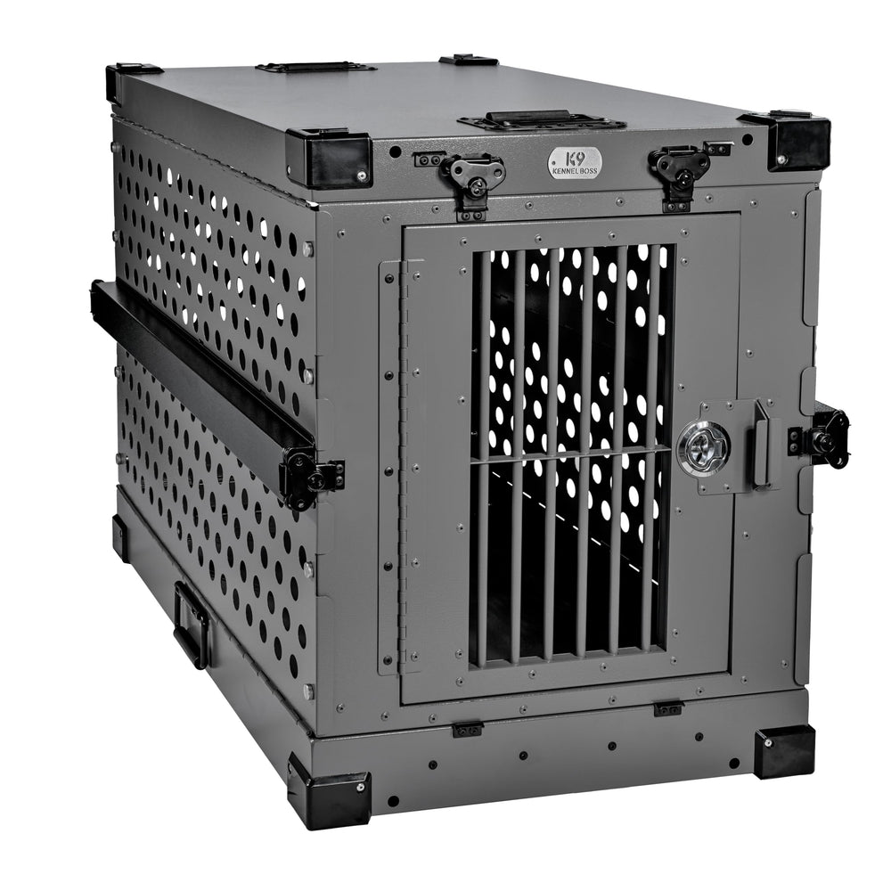 K9 Kennel Boss gray crate side view highlights collapsible design for travel convenience