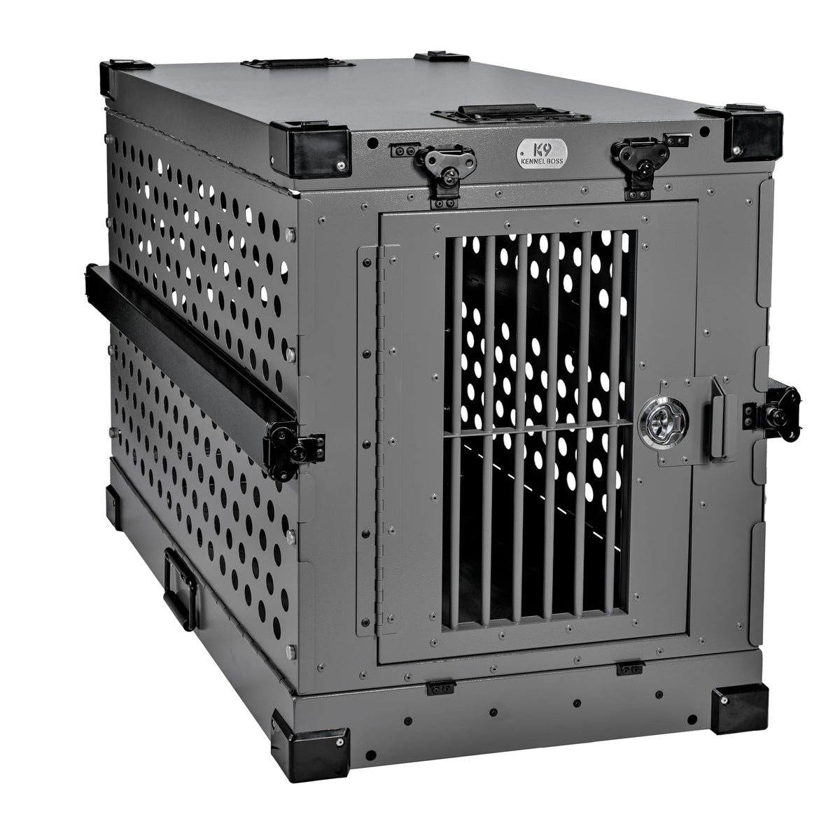 K9 Kennel Boss gray crate side view highlights collapsible design for travel convenience