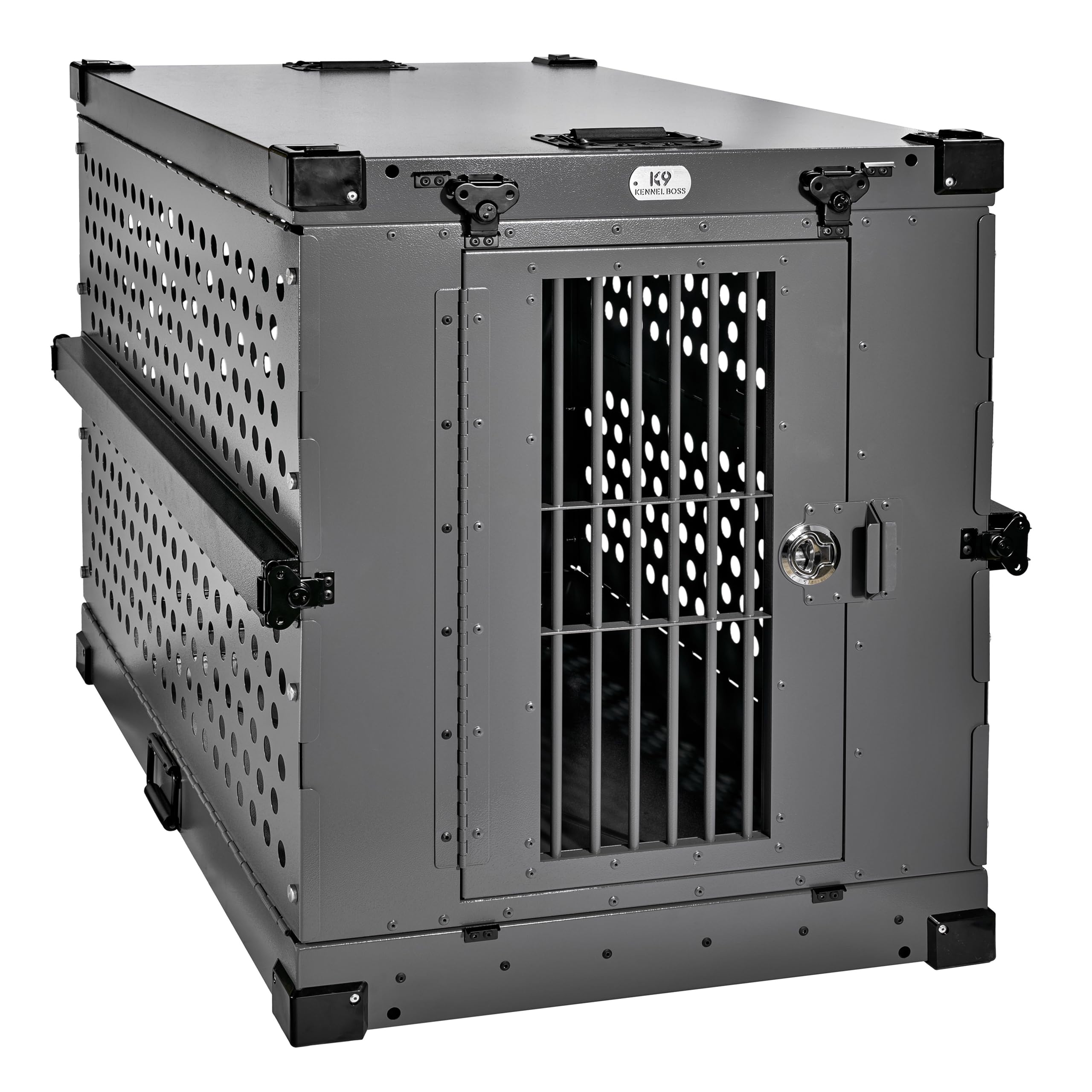 K9 Kennel Boss heavy-duty crate side view shows robust safety features.