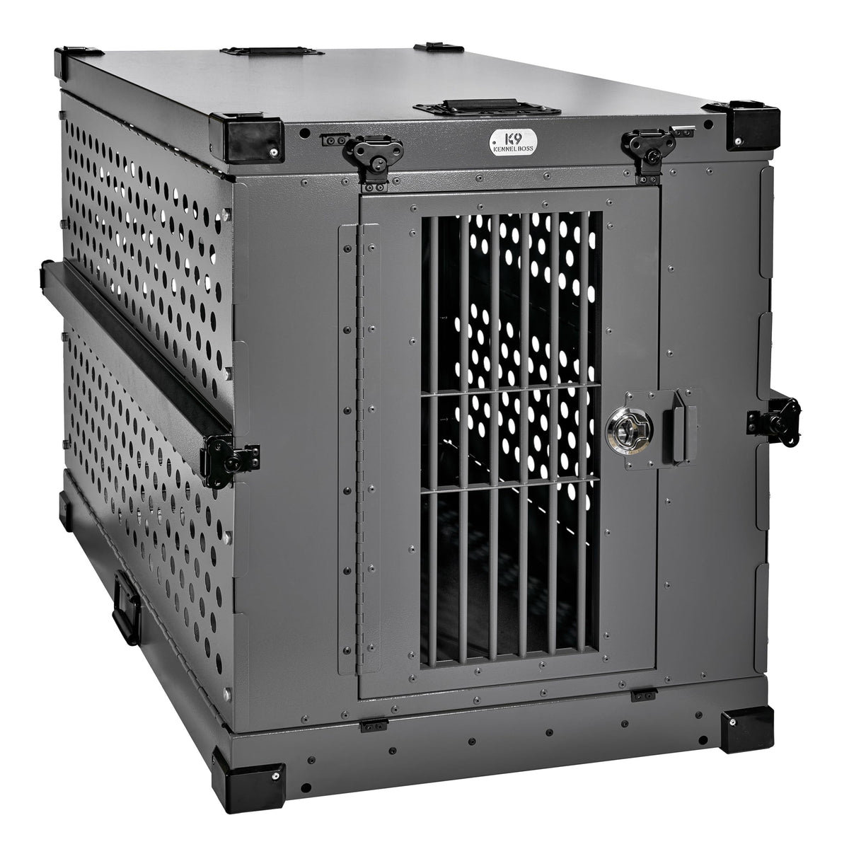 K9 Kennel Boss heavy-duty crate side view shows robust safety features.