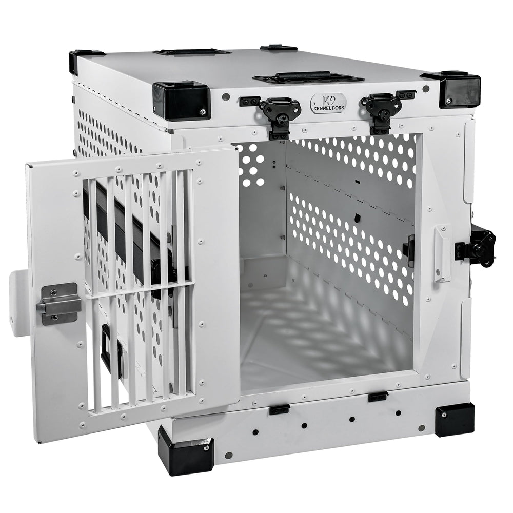 K9 Kennel Boss small white crate collapsed-height demonstrates fast, tool-free setup.