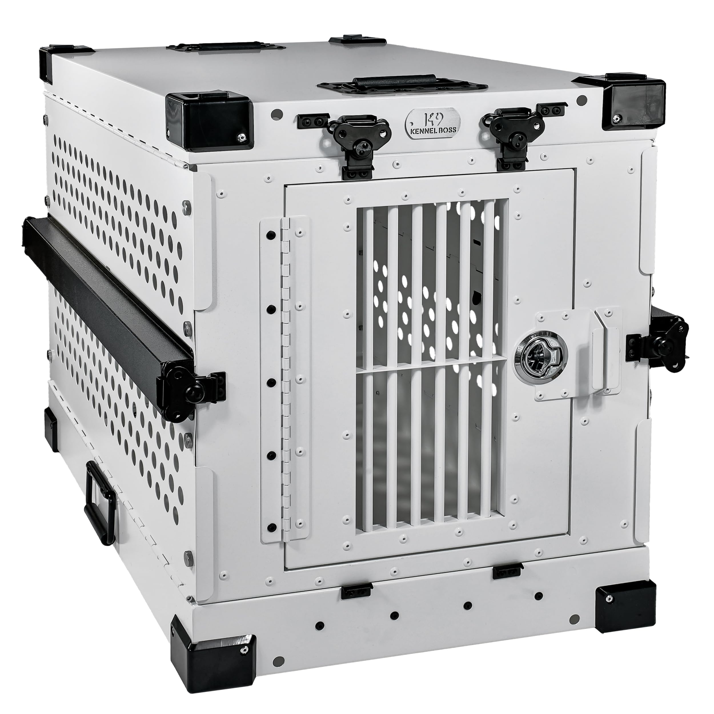 K9 Kennel Boss small white crate front view highlights durable aluminum construction for safe containment.