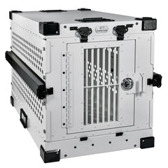 K9 Kennel Boss small white crate front view highlights durable aluminum construction for safe containment.