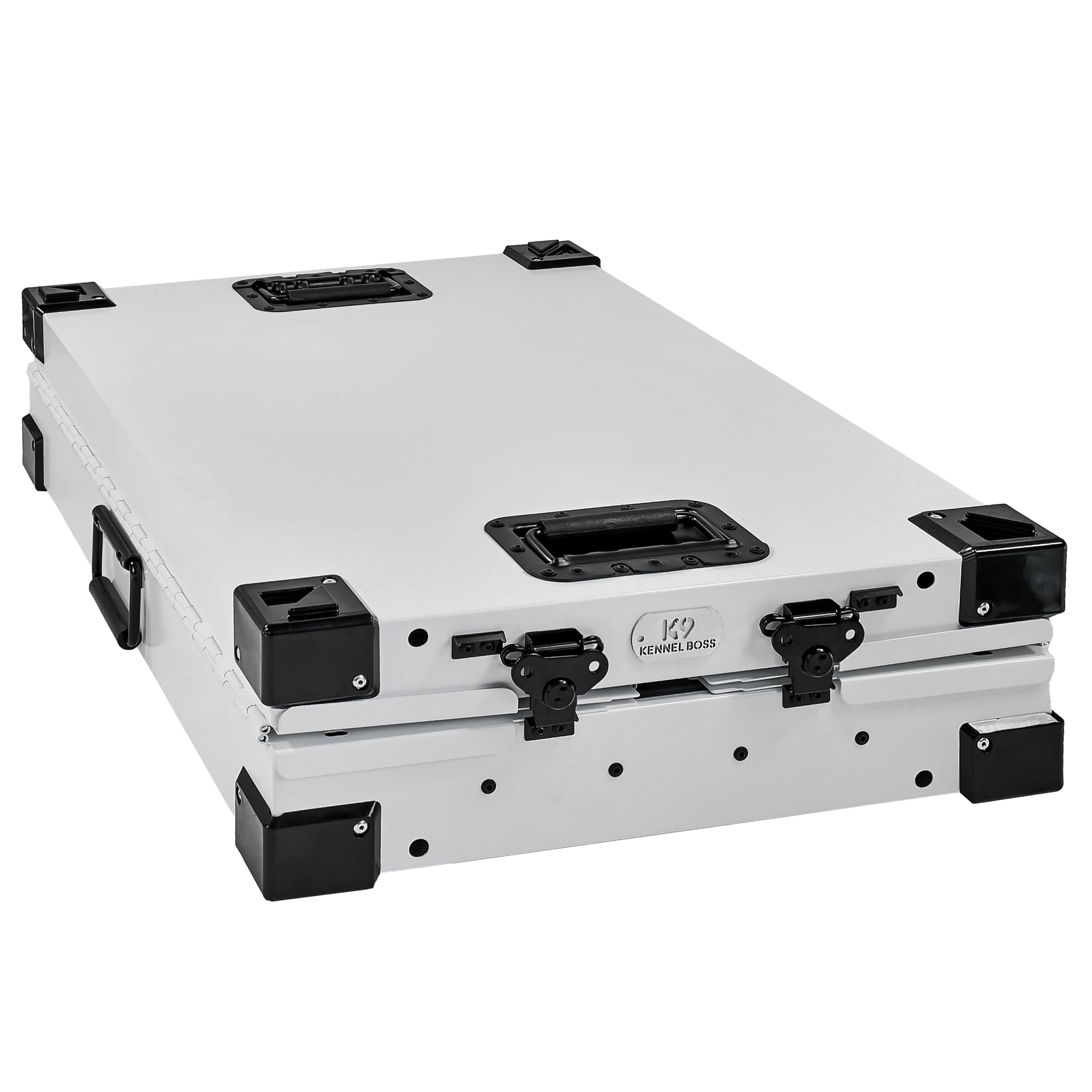 K9 Kennel Boss small white crate side detail shows secure knurled bolts for rigidity.