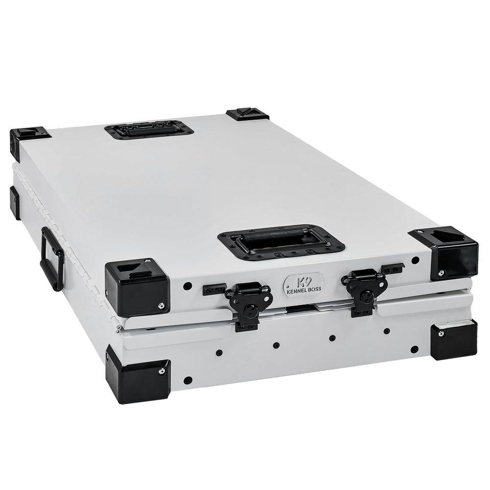 K9 Kennel Boss small white crate side detail shows secure knurled bolts for rigidity.