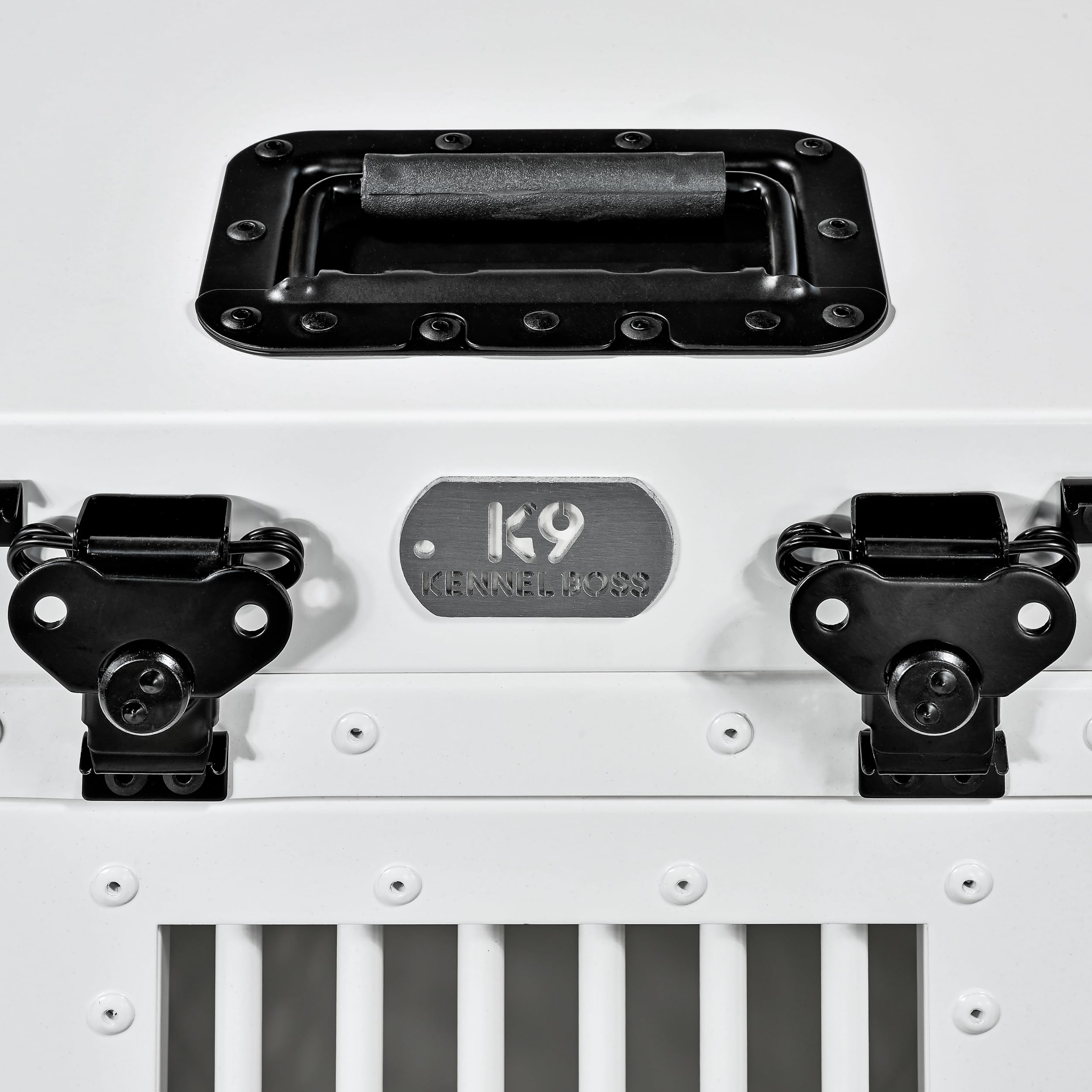 K9 Kennel Boss small white crate stackable design saves space for multiple dogs.