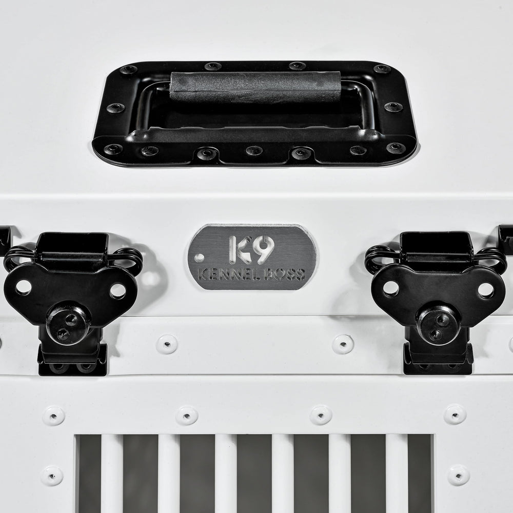 K9 Kennel Boss small white crate stackable design saves space for multiple dogs.