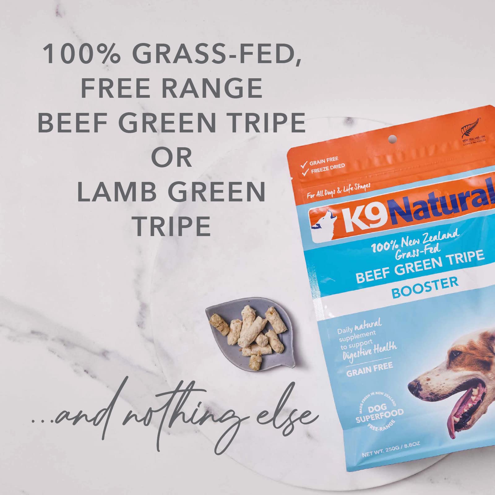 K9 Natural topper sprinkled in bowl enhances meal appeal and palatability.