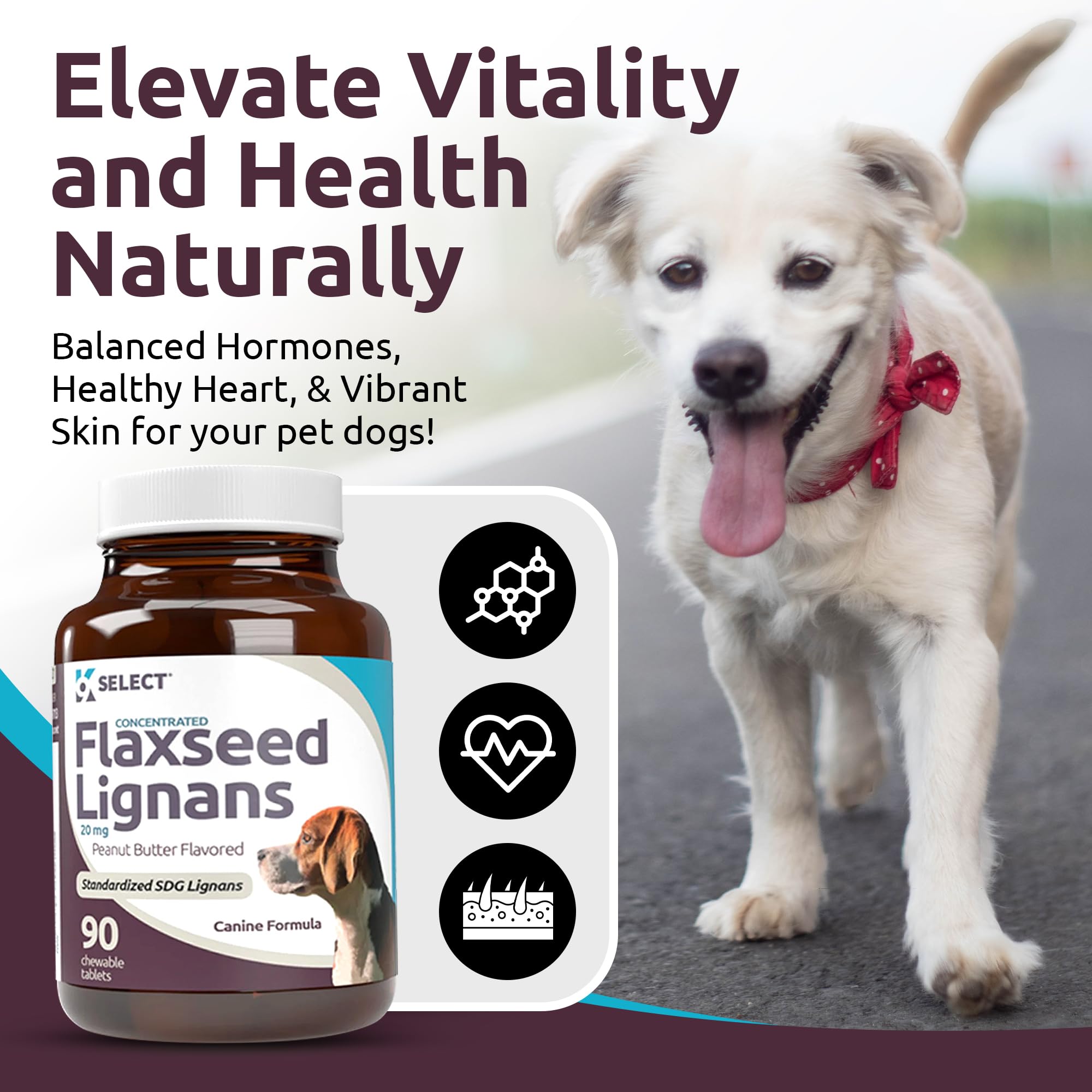 K9 Select coat-boosting flaxseed lignans chewables improving coat vitality and shine.