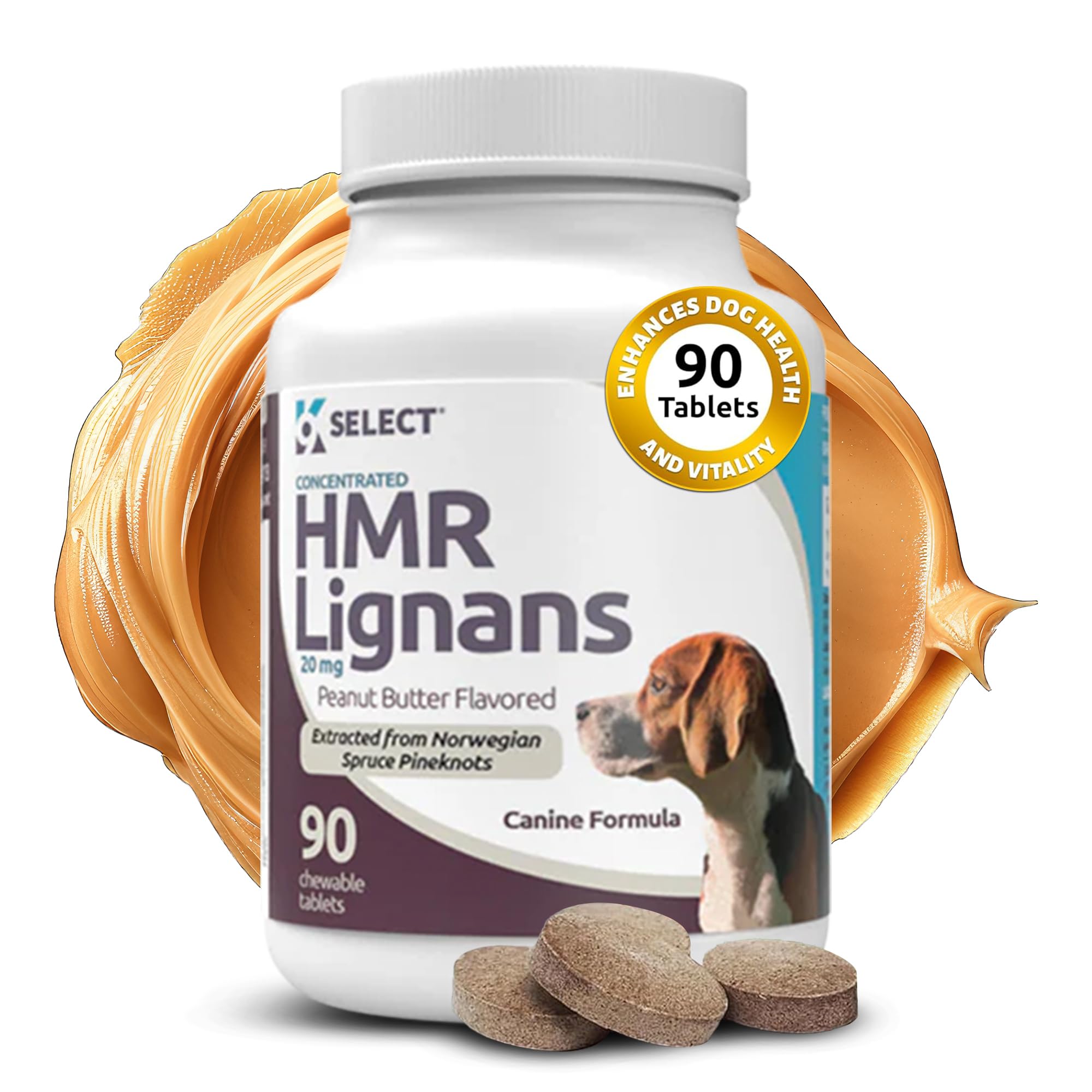K9 Select HMR Lignans bottle with peanut butter flavor highlighting immune and coat-supporting supplement.