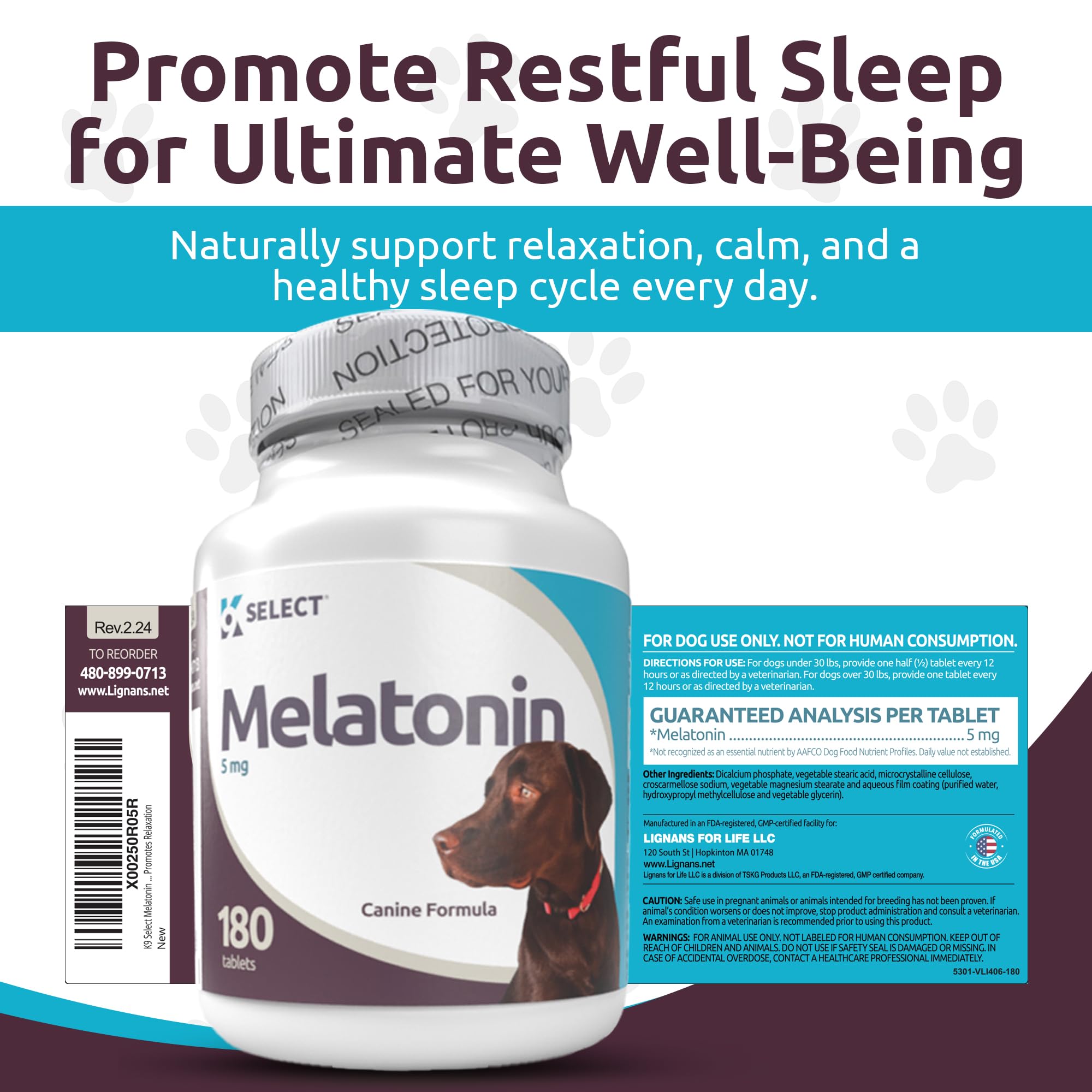 K9 Select large-dog supplement serving indicating 5 mg per tablet