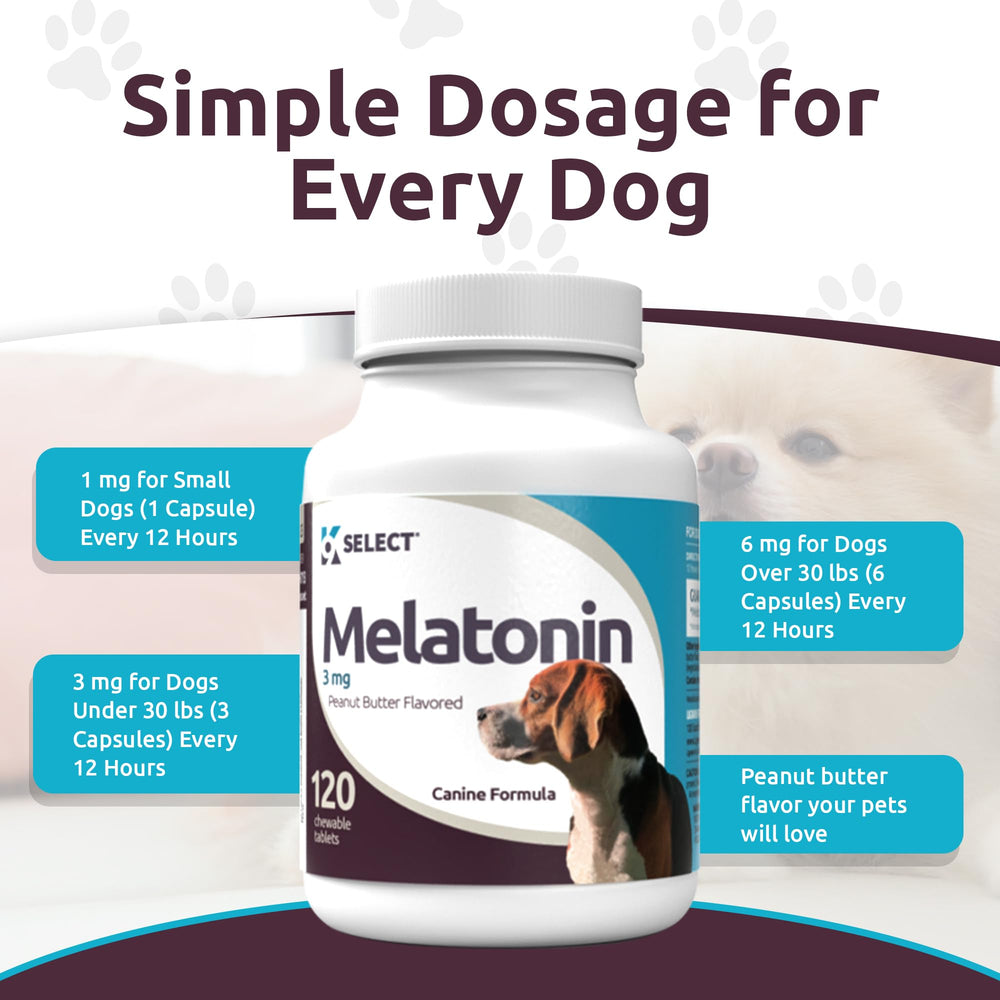 K9 Select melatonin bottle label closeup with dosage information