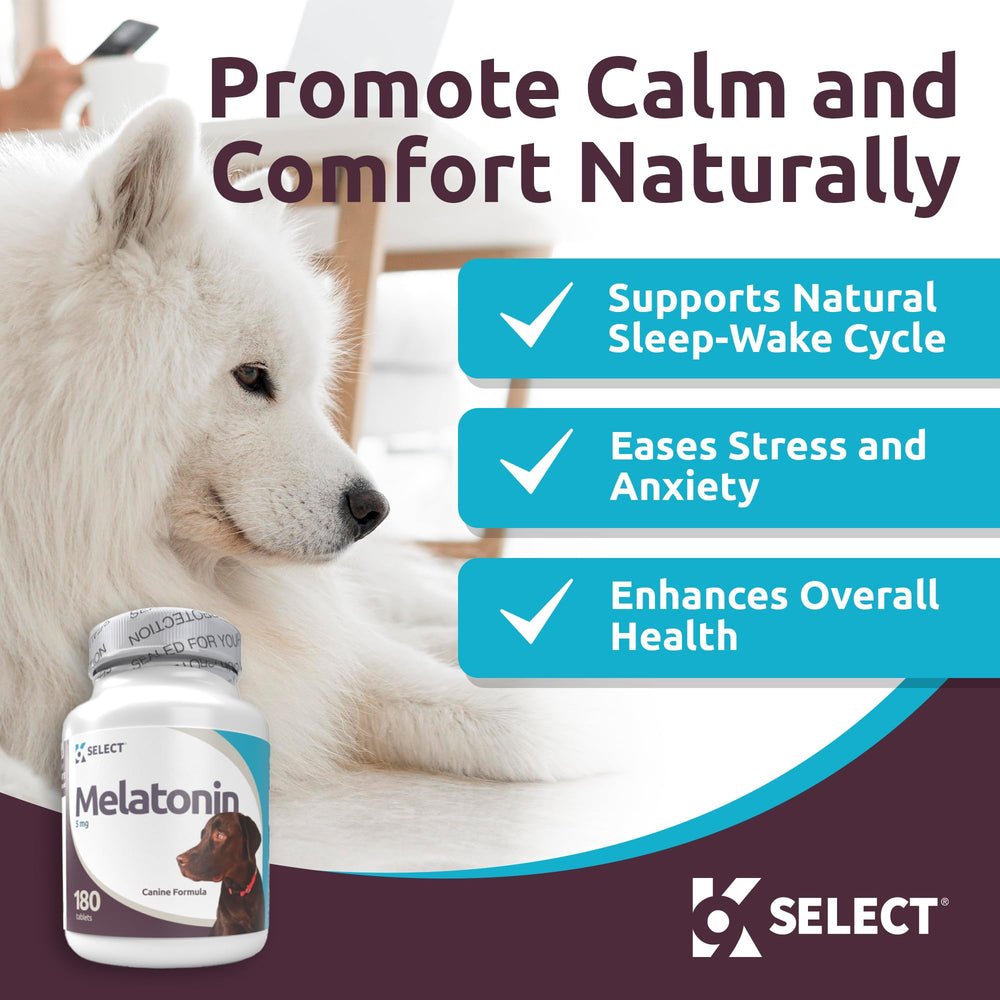 K9 Select melatonin bottle packaging shown for dogs calming supplement