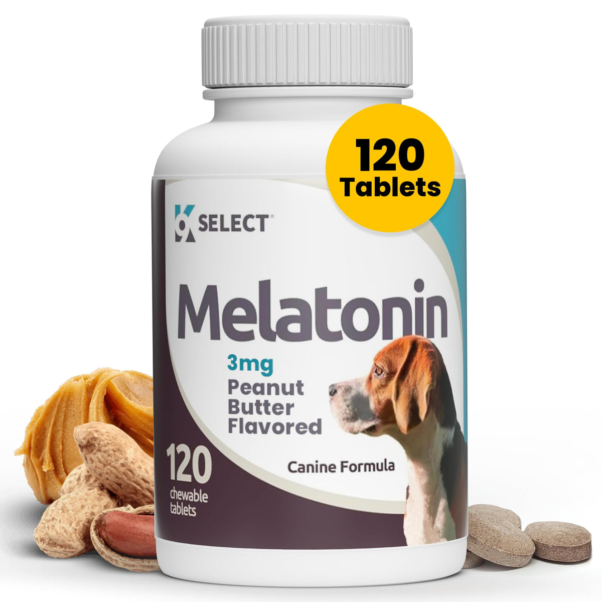 K9 Select melatonin dog bottle closeup highlighting calm support