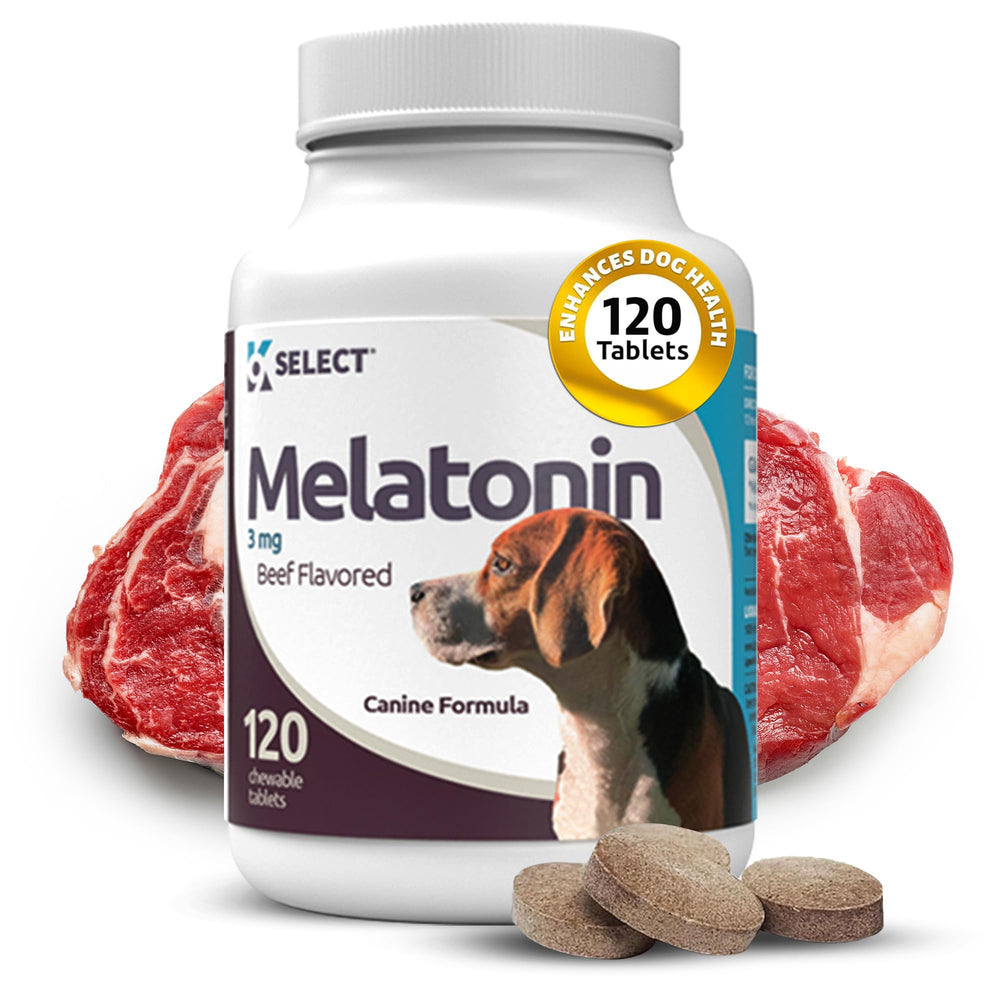 K9 Select Melatonin bottle with dog chews promoting calm during storms