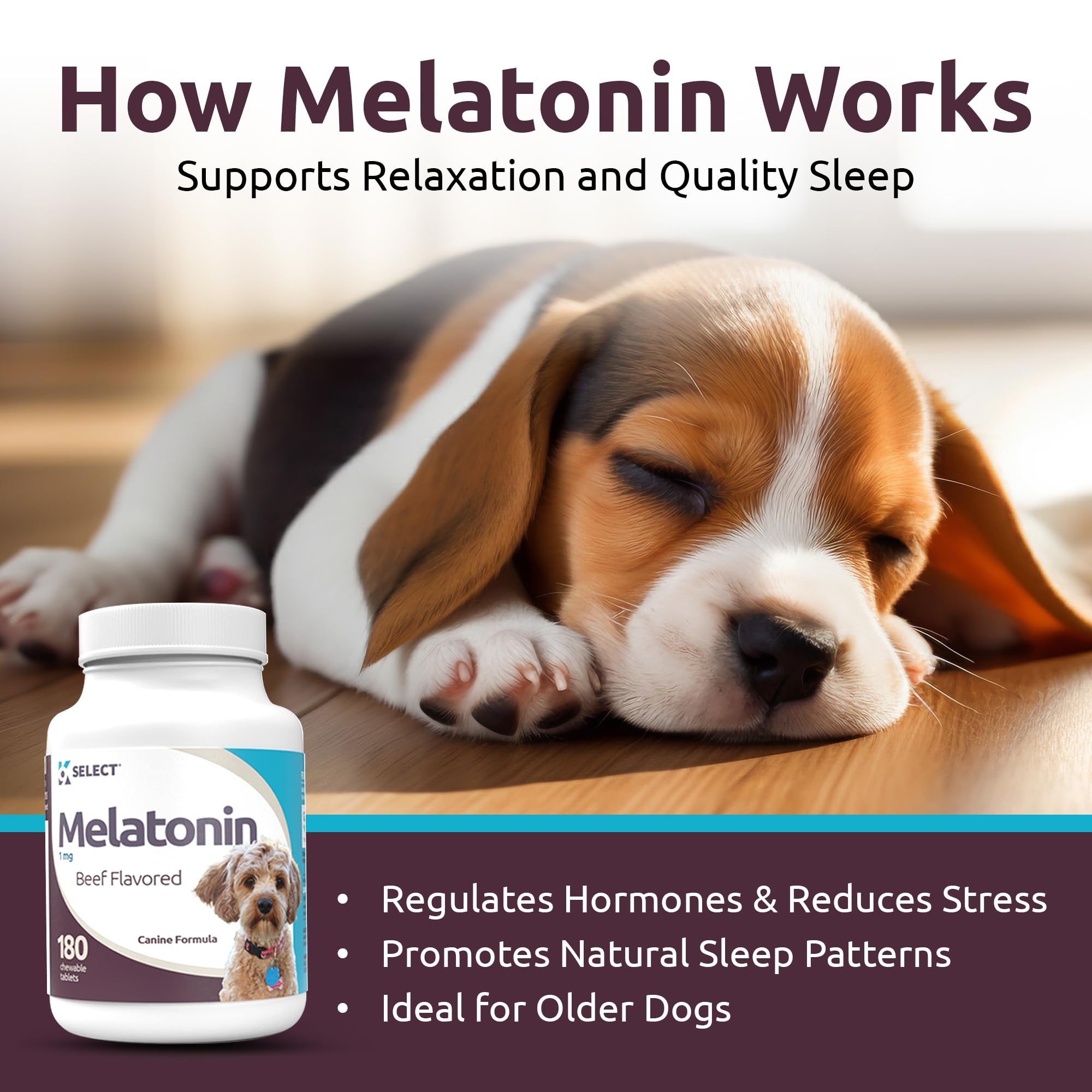K9 Select Melatonin packaging front showcasing calming supplement for dogs