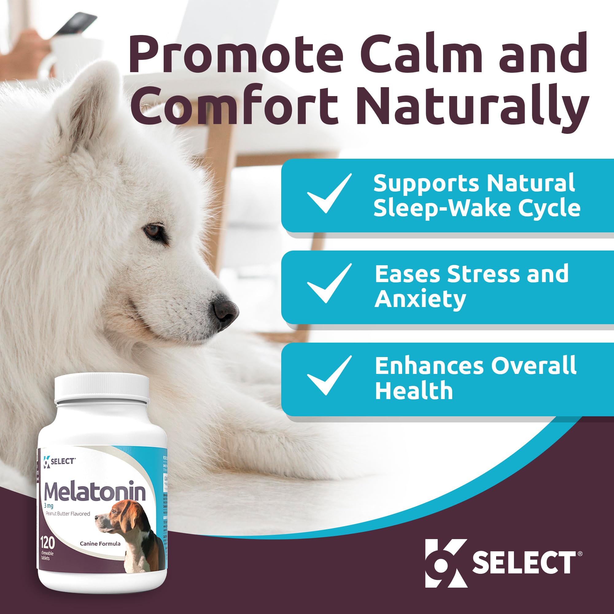K9 Select melatonin tablets closeup showing chewable flavor and dosage