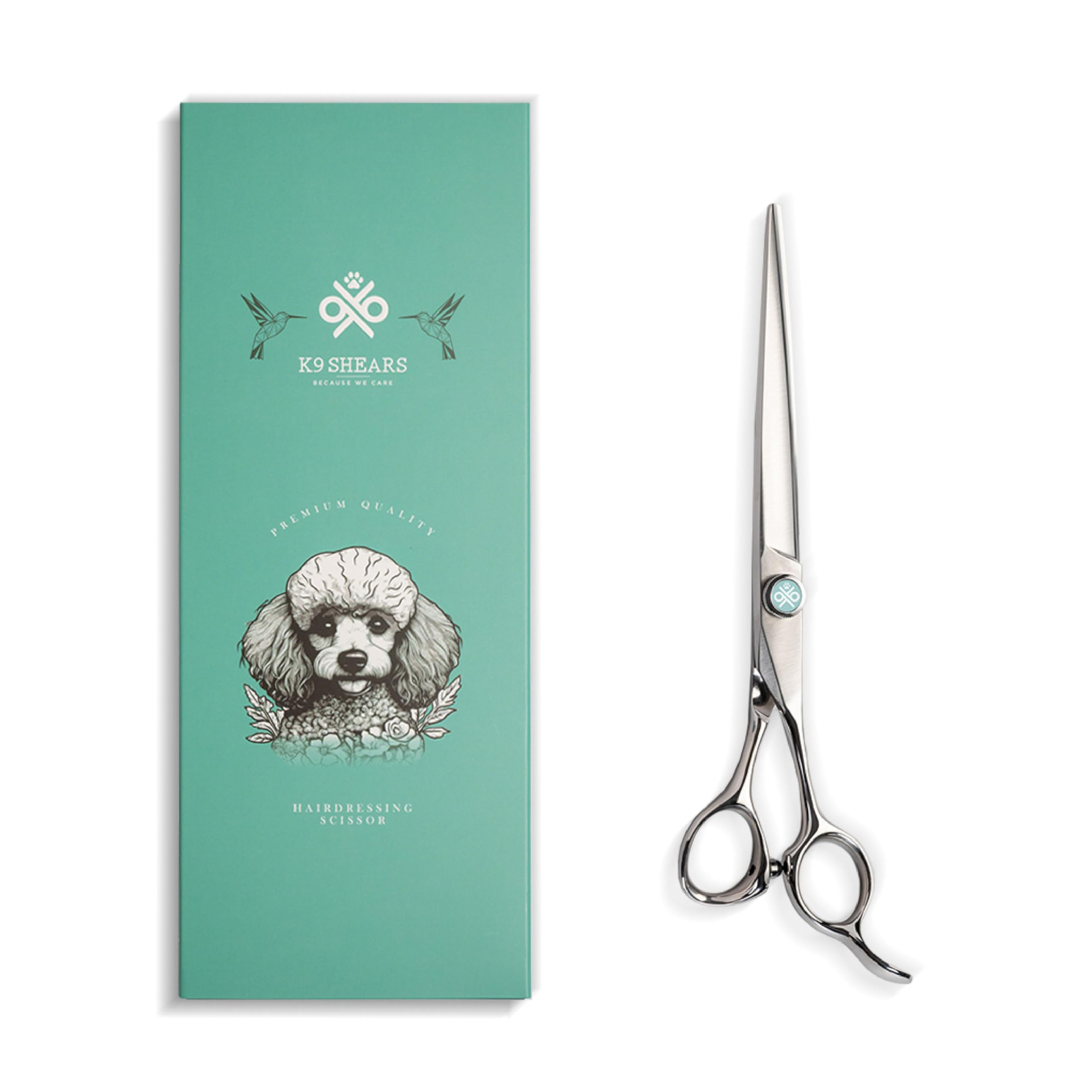 K9 SHEARS 7-inch grooming scissors blade close-up showing long-lasting VG10 edge for sharp cuts.