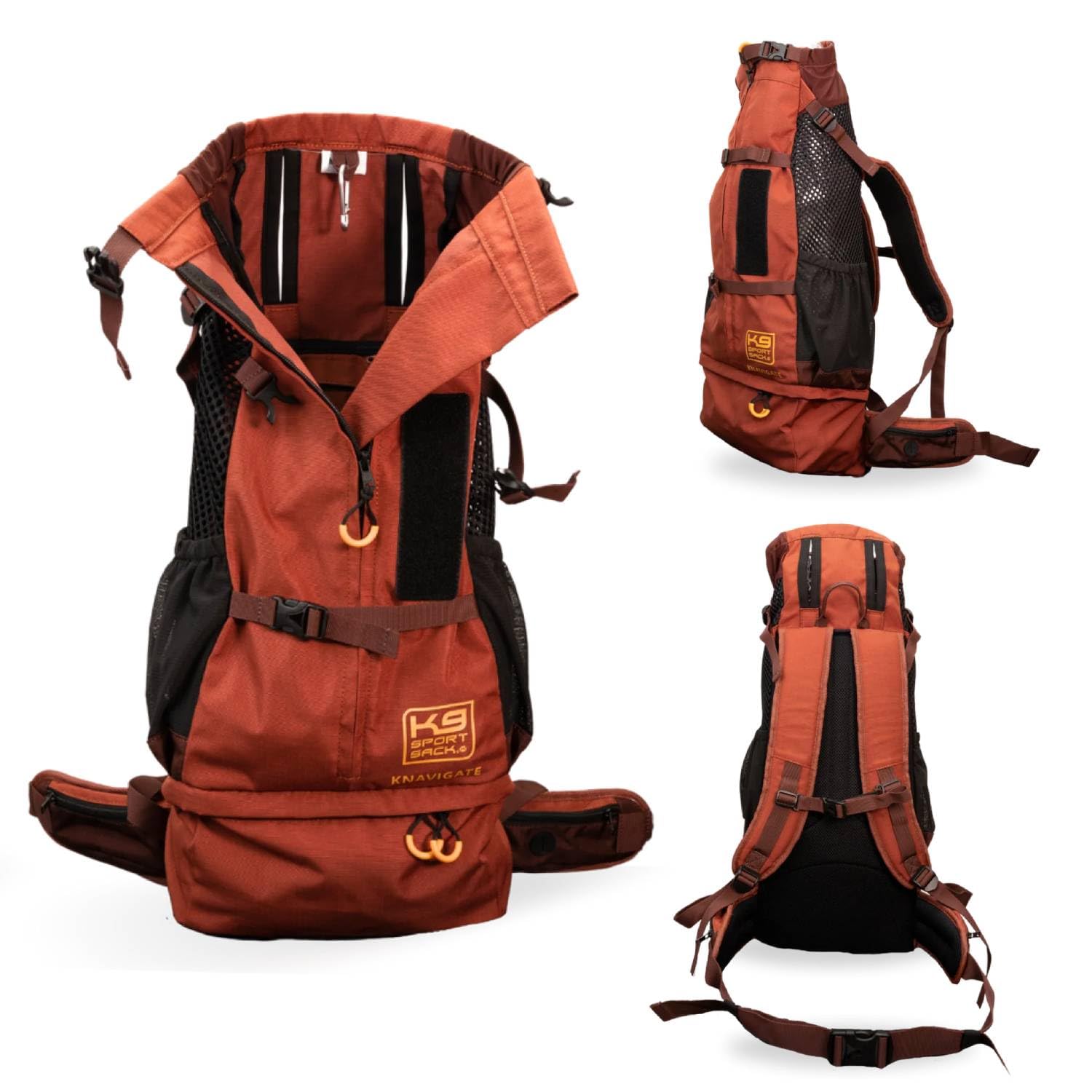 K9 Sport Sack Knavigate Dune upper-arm holes keep dogs' front legs free during rides.