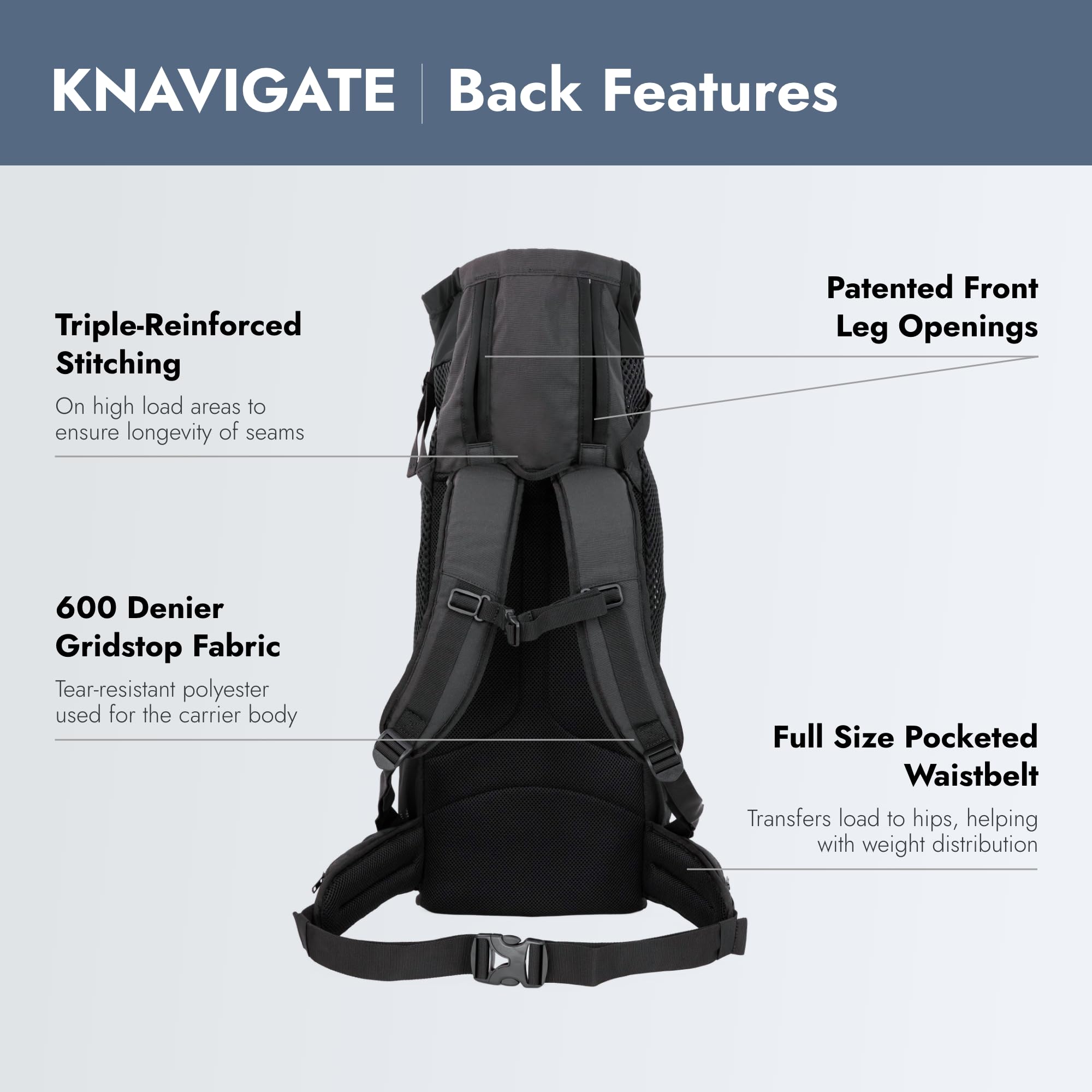 K9 Sport Sack Knavigate patented upper-arm hole design keeps legs comfy.